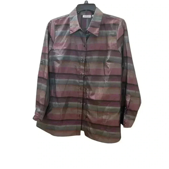 Joan Rivers Blouse Maroon Green Gold Shimmers Size L - Picture 7 of 9